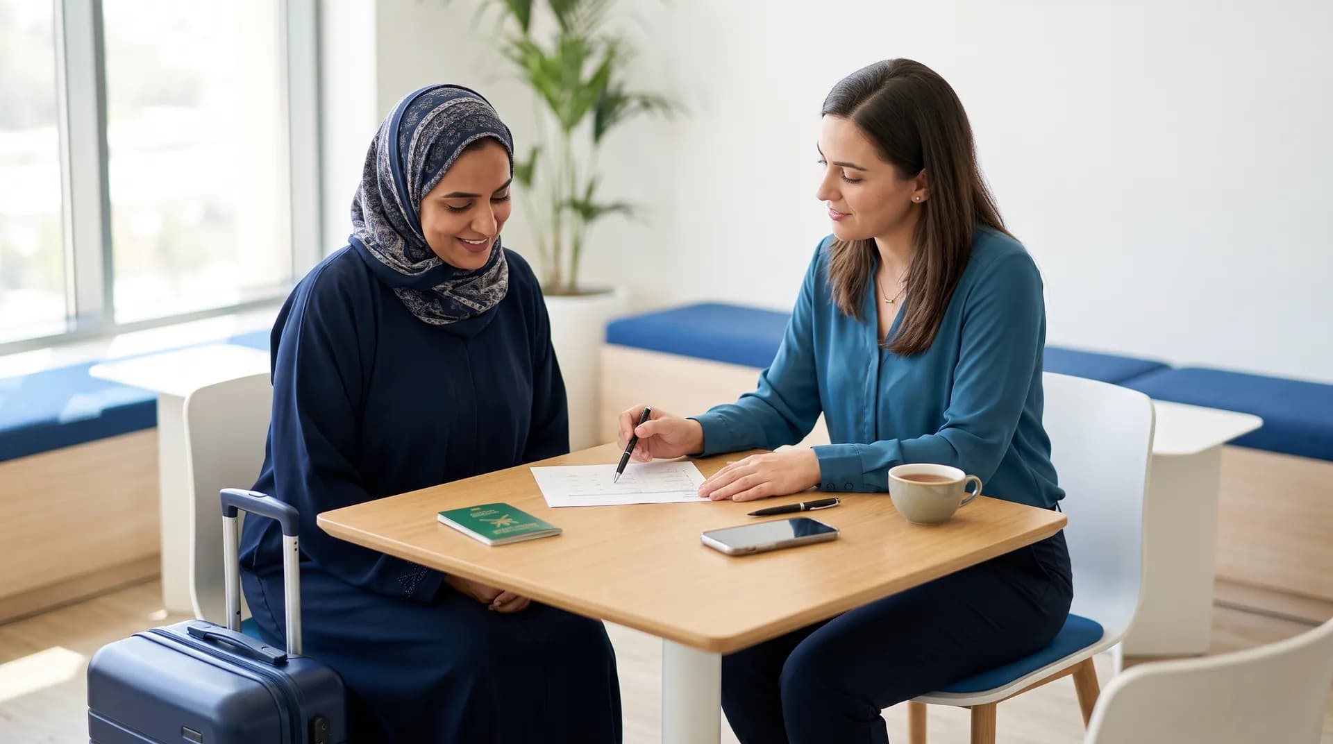 شخص بالغ ومنسق سفر يراجعان خطة الرحلة على طاولة مضيئة.